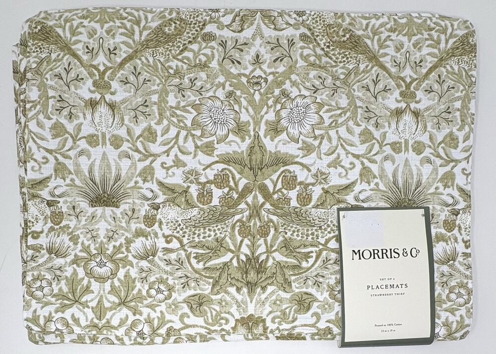 William Morris & Co Placemats Strawberry Thief Cotton Fabric 13x19 4 Sage Green